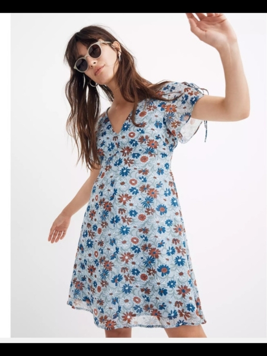 Madewell Dresses & Skirts - Madewell Blue Floral V-Neck Mini Dress with Rust Accents